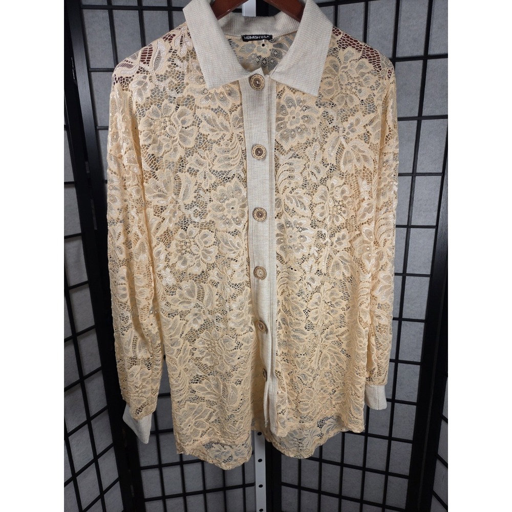 Heimish Floral Lace Button Up Top Cream Knit Collar Long Sleeve Blouse Vintage